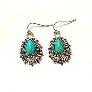 Earrings Boho Dangle Drop Silver Tone With Faux Turquoise New